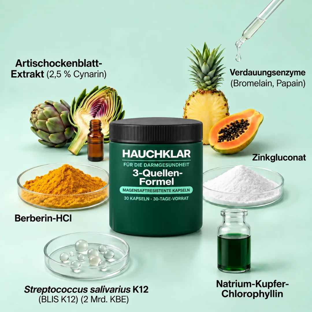Hauchklar mit seinen Wirkstoffen: Artischockenblatt, Berberin, Bromelain, Papain, Zinkgluconat, K12 und Chlorophyllin